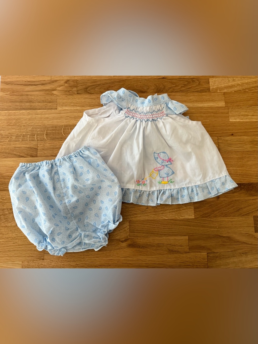 Vintage Baby Girl Light Blue Sunbonnet Dress & Bloomers Set